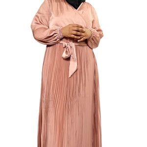 Pleated Satin Abaya Full Sleeve Women Muslim Modesty  Elegant Robe size M,L, Xl